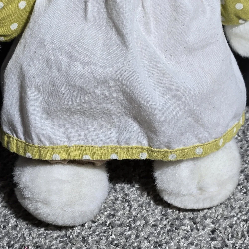VINTAGE ACMI Rabbit Plush White Bunny Yellow Dress Polka Dots Cottagecore EASTER